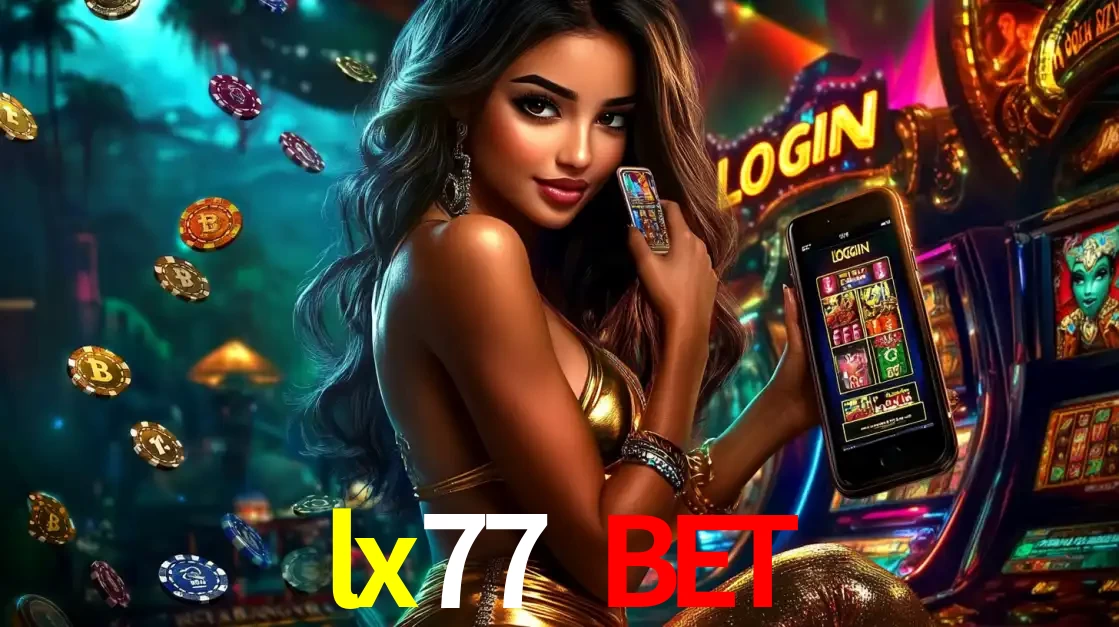Mulher em um cenário de cassino temático de aventura, mostrando o app de caça-níqueis da lx77 bet no celular. Fichas de apostas flutuam ao redor.