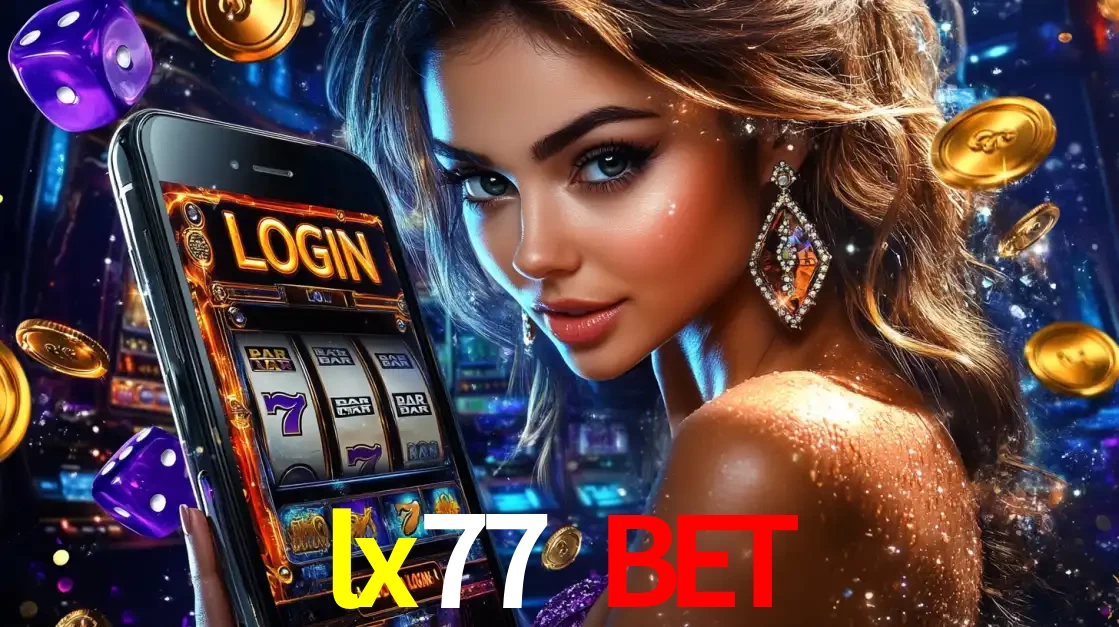 Mulher glamorosa segurando um smartphone com a tela de login para os jogos de caça-níqueis do cassino online lx77 bet, com moedas de ouro e dados ao redor.
