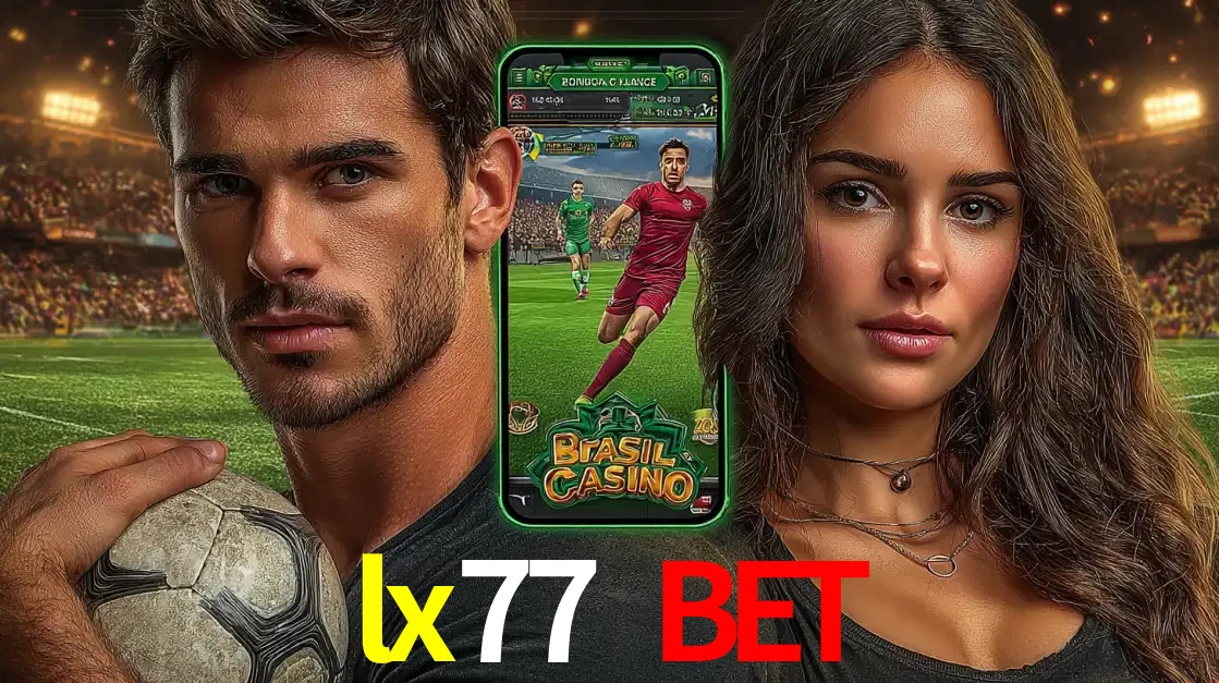 Homem segurando uma bola de futebol e uma mulher ao lado de um smartphone exibindo o jogo de apostas esportivas da lx77 bet. Faça seu palpite no cassino online.